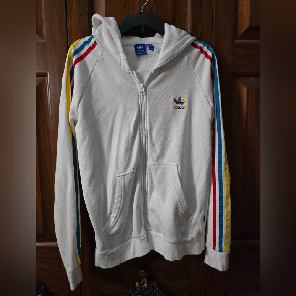 Adidas White Zip-Up with Colorful Sleeve Stripes And Logo On Back